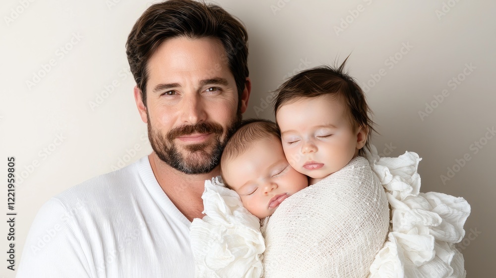 Fototapeta premium Father cuddling twin babies, studio shot, neutral background, family portrait