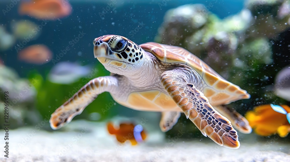 Sea turtle swimming in aquarium, colorful fish background, marine life, underwater habitat, nature conservation Sea turtle swimming in aquarium, colorful fish background, marine life, underwater habitat, nature conservation