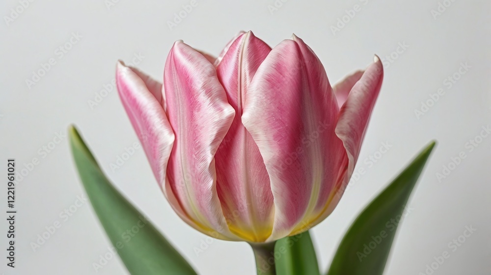 Naklejka premium Pink tulip on the white background. Easter and spring greeting card.