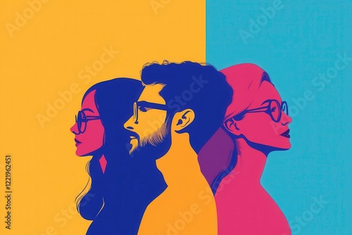 A vibrant pop-art style illustration featuring three diverse individuals in profile, set against contrasting yellow and blue backgrounds.