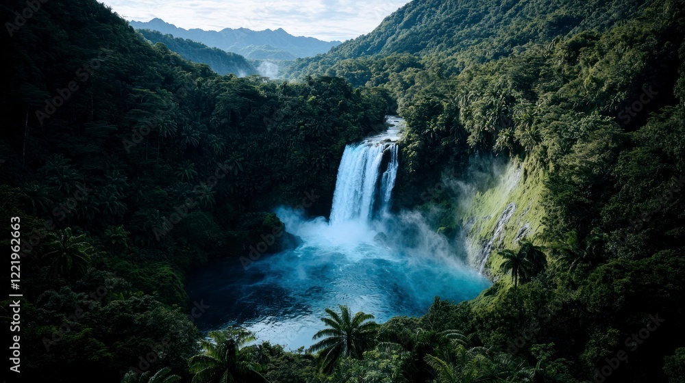 Fototapeta premium Lush Rainforest Waterfall Tropical Paradise Nature Scene