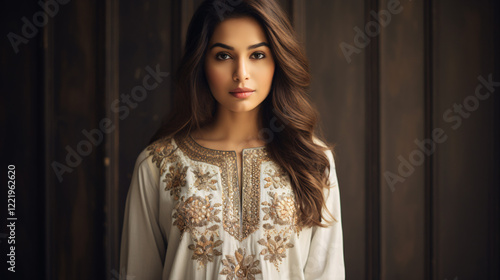 A beautiful Indian girl wearing a premium luxurious kurta, exuding elegance, grace, and timeless style.

