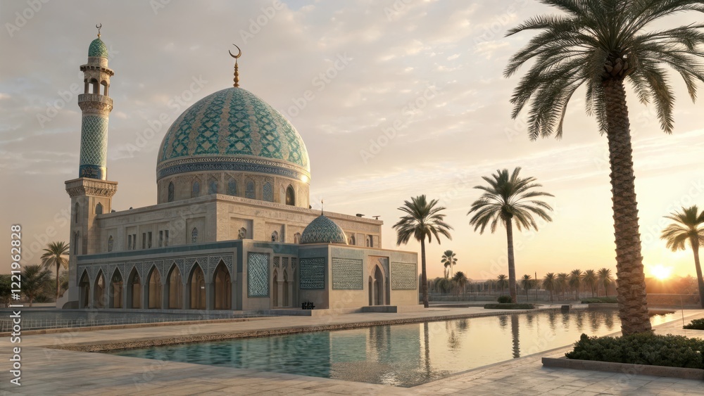 Naklejka premium Teal Islamic Dome Mosque Reflecting in Calm Pool of Water at Sunrise