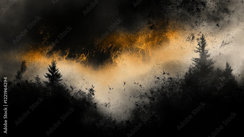 Forest engulfed in flames, with ash and sparks flying under a dark smoke-covered sky. Forest engulfed in flames, with ash and sparks flying under a dark smoke-covered sky.