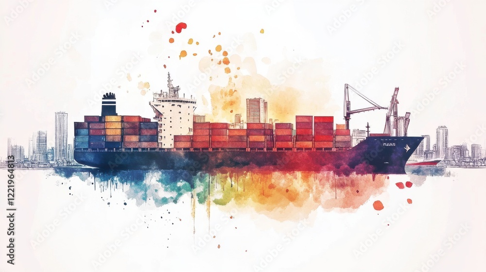 Obraz premium A vibrant watercolor illustration of a cargo ship surrounded by colorful splashes, representing shipping and maritime themes.