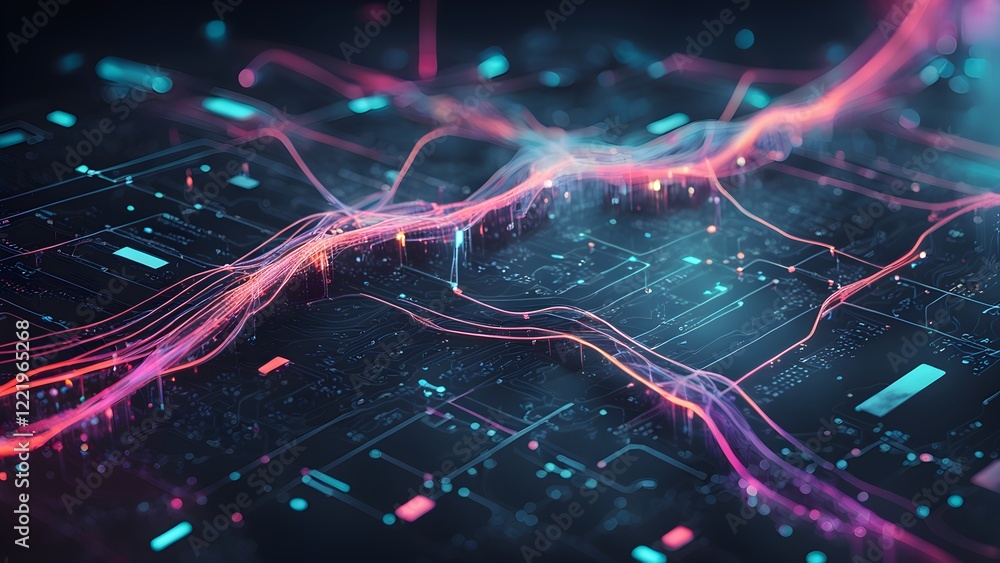 Abstract digital background depicting glowing pink and teal data streams flowing over a circuit board, ideal for technology, AI, and big data concepts. Abstract digital background depicting glowing pink and teal data streams flowing over a circuit board, ideal for technology, AI, and big data concepts.
