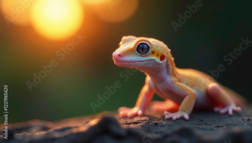 Petite gecko avec des yeux ronds regardant un soleil couchant, blanc, gecko photo