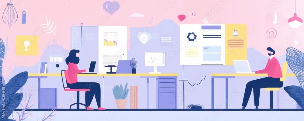 A modern office scene featuring two people working at desks, surrounded by plants and colorful decor, illustrating a collaborative workspace. A modern office scene featuring two people working at desks, surrounded by plants and colorful decor, illustrating a collaborative workspace.