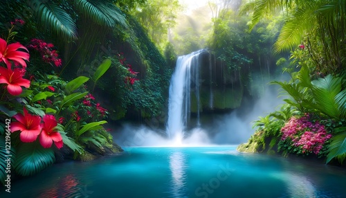 Design a majestic tropical waterfall cascading into a crystal-clear pool,