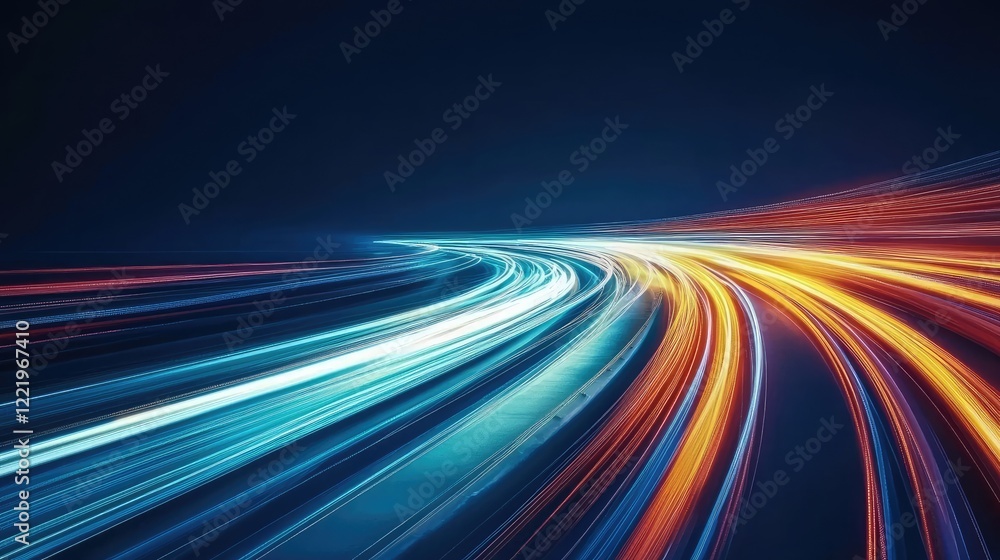 Capture the motion of light trails in vibrant colors against a dark background, suggesting speed and dynamism. Capture the motion of light trails in vibrant colors against a dark background, suggesting speed and dynamism.