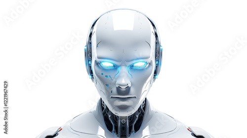 Close up of a futuristic robot head on a transparent background