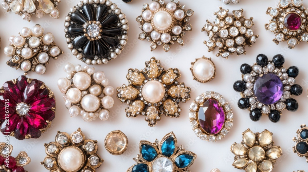 Pearl and gemstone brooches arranged on a minimalist white background. Pearl and gemstone brooches arranged on a minimalist white background.
