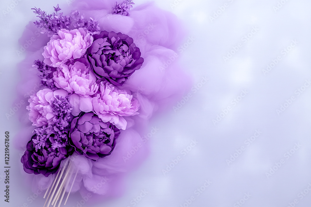 Obraz premium A bouquet of purple flowers is displayed on a white background. The flowers are arranged in a way that creates a sense of movement and flow, with the stems extending outwards in various directions