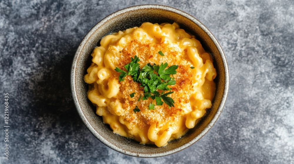 A bowl of creamy mac and cheese with a golden, crispy top and a sprinkle of fresh parsley, Centered in a minimalist ceramic bowl A bowl of creamy mac and cheese with a golden, crispy top and a sprinkle of fresh parsley, Centered in a minimalist ceramic bowl