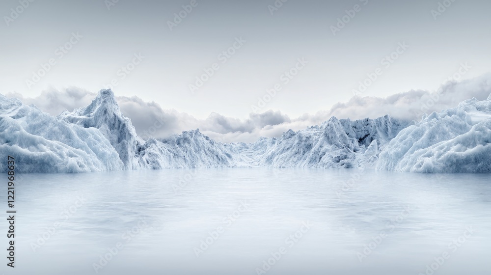 Fototapeta premium Massive glaciers and icebergs stand in the calm polar waters under an overcast sky.