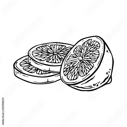 Contour composition of half and round lemon slices. Free hand drawn ink illustration of citrus fruit in etching style for decoration and design of kitchen textiles, packaging or label. Outline sketch