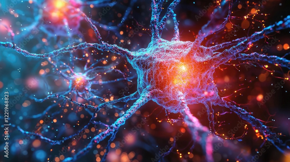 Create an abstract depiction of electrical impulses traveling along neural pathways, with bright, dynamic colors. Create an abstract depiction of electrical impulses traveling along neural pathways, with bright, dynamic colors.