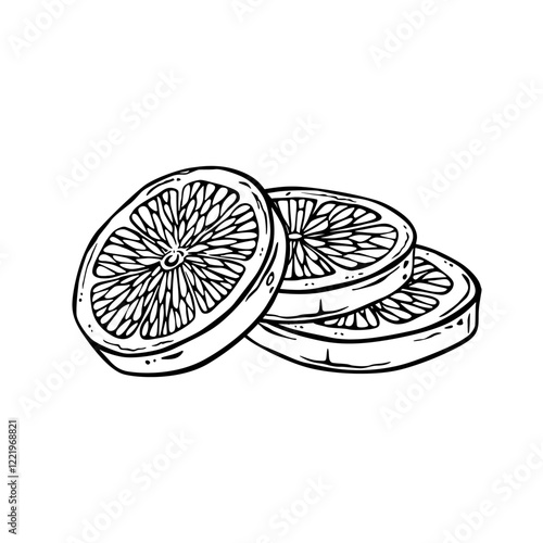 Lemon or lime cut into round slices. Ink drawing of a citrus slice. Outline illustration of fruit dessert. Vitamin healthy food ingredient. free hand contour graphics for menu, logo or label design