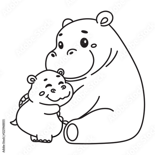 Line art of baby hippo cuddles mother hippo cartoon vector