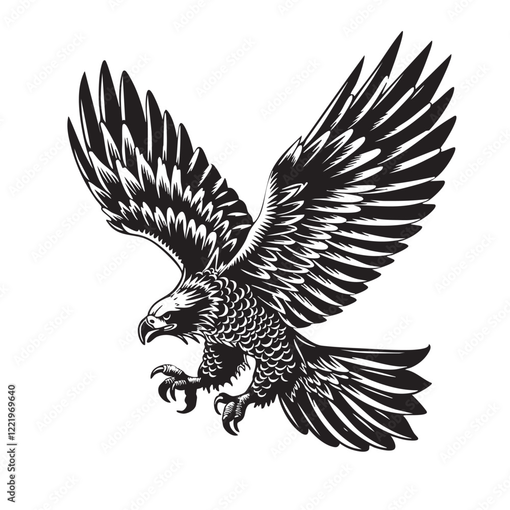 Fototapeta premium Vector of majestic eagle in flight, rendered in a classic black and white style, exudes power and freedom. Perfect for branding, logos, and nature-themed designs. Bird. Wildlife Animals.