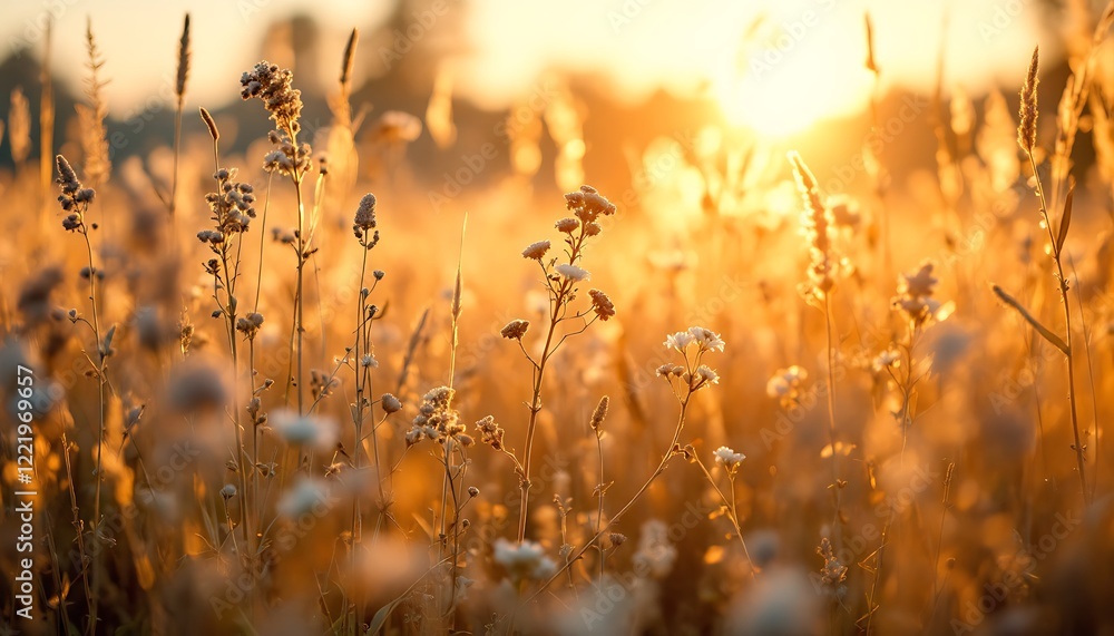 Fototapeta premium Golden Sunset Wildflowers Meadow Warm Light Summer Field