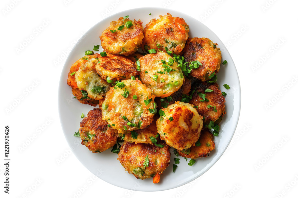 Bubble and squeak with crispy fried vegetables on white plate isolated on white or transparent, PNG Bubble and squeak with crispy fried vegetables on white plate isolated on white or transparent, PNG