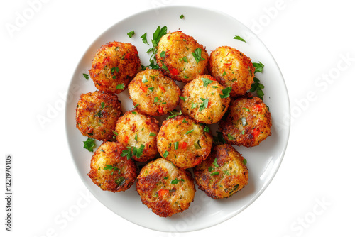 Bubble and squeak with crispy fried vegetables on white plate isolated on white or transparent, PNG photo