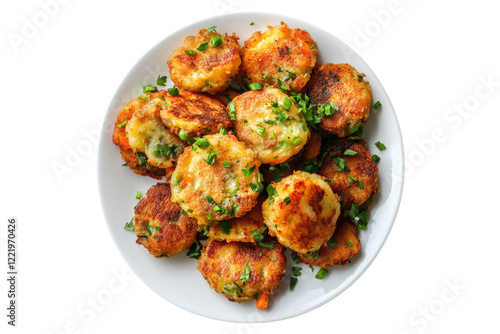 Bubble and squeak with crispy fried vegetables on white plate isolated on white or transparent, PNG photo