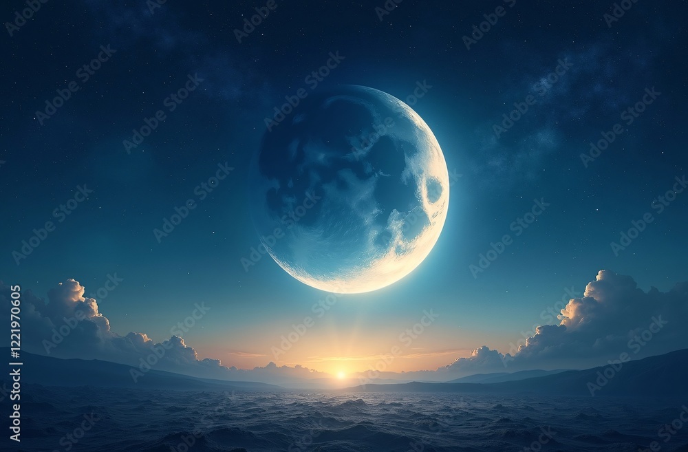 Majestic scene of a glowing moon descending over mountain landscapes, illuminating a serene sunrise horizon, inspiring awe and tranquility in nature's vast beauty. Majestic scene of a glowing moon descending over mountain landscapes, illuminating a serene sunrise horizon, inspiring awe and tranquility in nature's vast beauty.