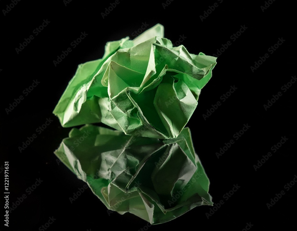 Fototapeta premium A crumpled piece of green paper on a reflective black surface