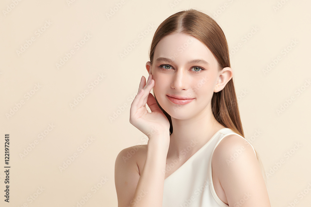 Beautiful young woman with clean fresh skin on beige background, Face care, Facial treatment, Cosmetology, beauty and spa, women portrait. Beautiful young woman with clean fresh skin on beige background, Face care, Facial treatment, Cosmetology, beauty and spa, women portrait.