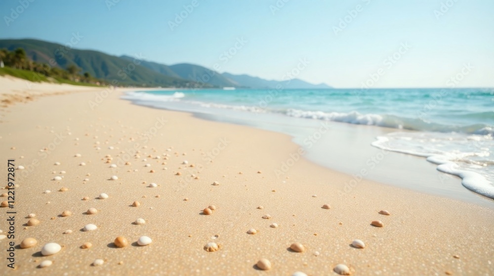 Serene Coastal Scene Small Shells Adorn a Sunny Beach, Gentle Waves Lap the Shore, and Distant Mountains Create a Tranquil Panorama Serene Coastal Scene Small Shells Adorn a Sunny Beach, Gentle Waves Lap the Shore, and Distant Mountains Create a Tranquil Panorama