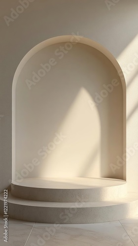 a white empty room with a round shelf and a window photo