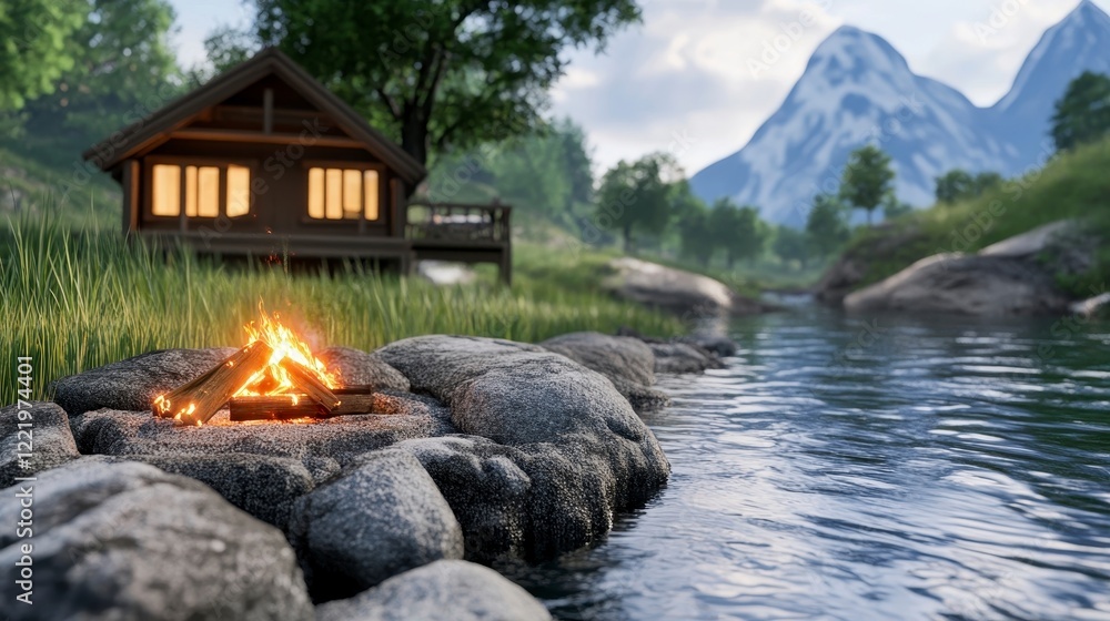 Tranquil Campfire Scene by Calm River with Charming Cabin Background Tranquil Campfire Scene by Calm River with Charming Cabin Background