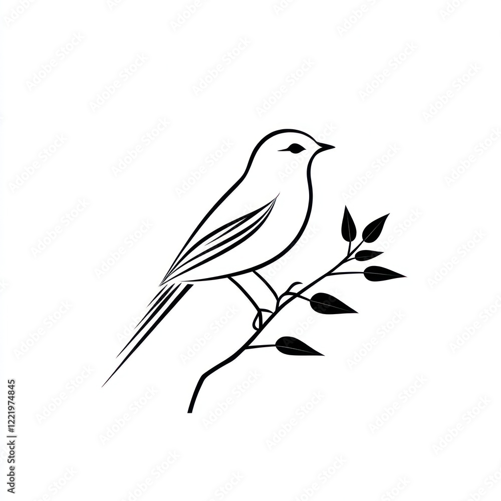 Obraz premium Elegant Bird Silhouette Perched On Branch With Leaves