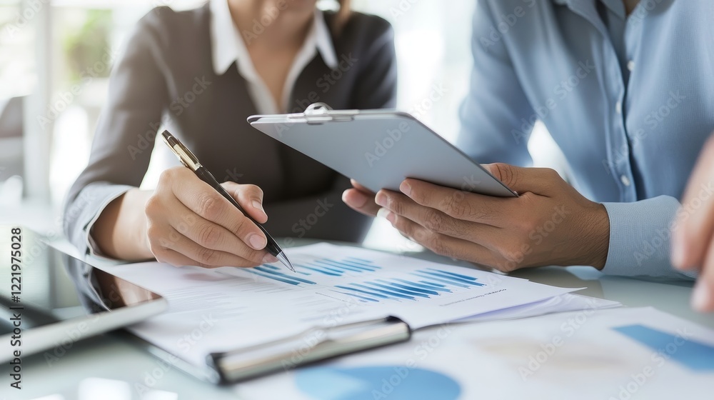 Businesspeople Reviewing Financial Documents and Charts on Tablet Businesspeople Reviewing Financial Documents and Charts on Tablet