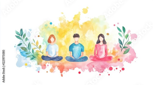 A serene watercolor illustration of three individuals meditating amidst vibrant, colorful splashes, evoking a sense of peace and mindfulness.