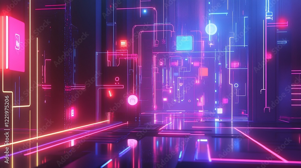 Neon Cyberpunk Cityscape with Glowing Lines and Digital Panels in Futuristic Style Neon Cyberpunk Cityscape with Glowing Lines and Digital Panels in Futuristic Style