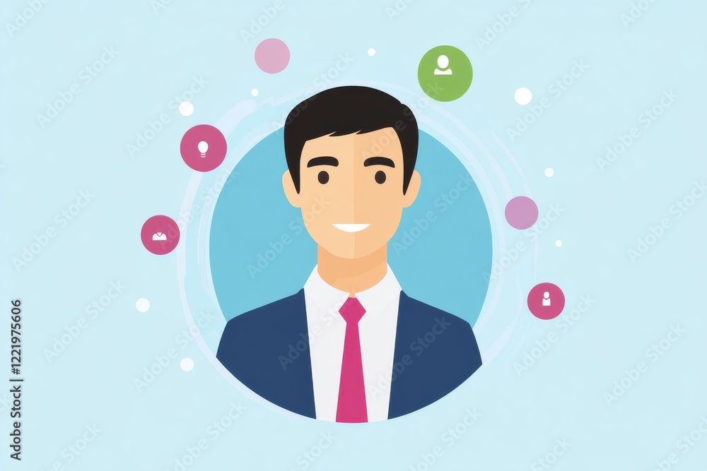 A cheerful, professional-looking man in a suit is surrounded by colorful icons, representing networking and communication. A cheerful, professional-looking man in a suit is surrounded by colorful icons, representing networking and communication.