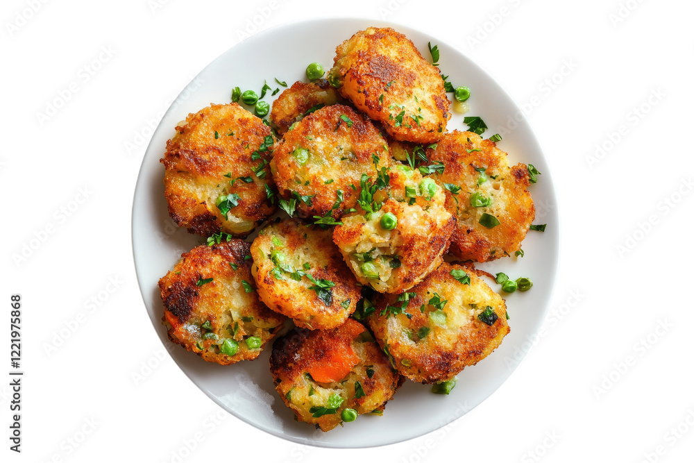 Bubble and squeak with crispy fried vegetables on white plate isolated on white or transparent, PNG Bubble and squeak with crispy fried vegetables on white plate isolated on white or transparent, PNG