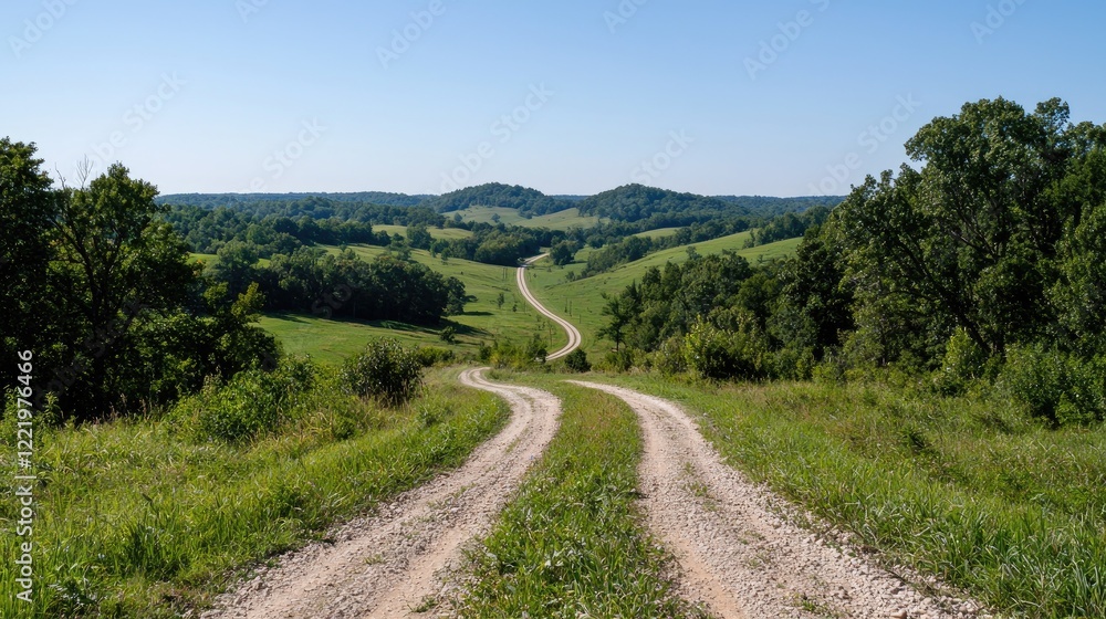 Winding gravel road through rural valley, summer day, scenic landscape, travel photography Winding gravel road through rural valley, summer day, scenic landscape, travel photography