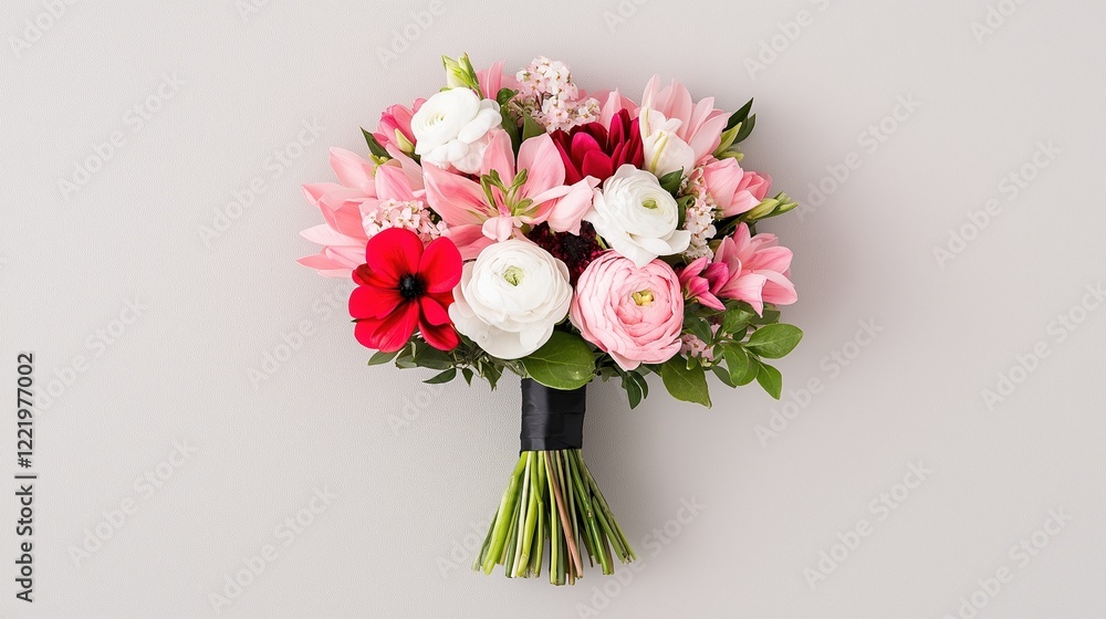 Fototapeta premium Elegant bouquet of pink, white, and red flowers with lush greenery against a soft background