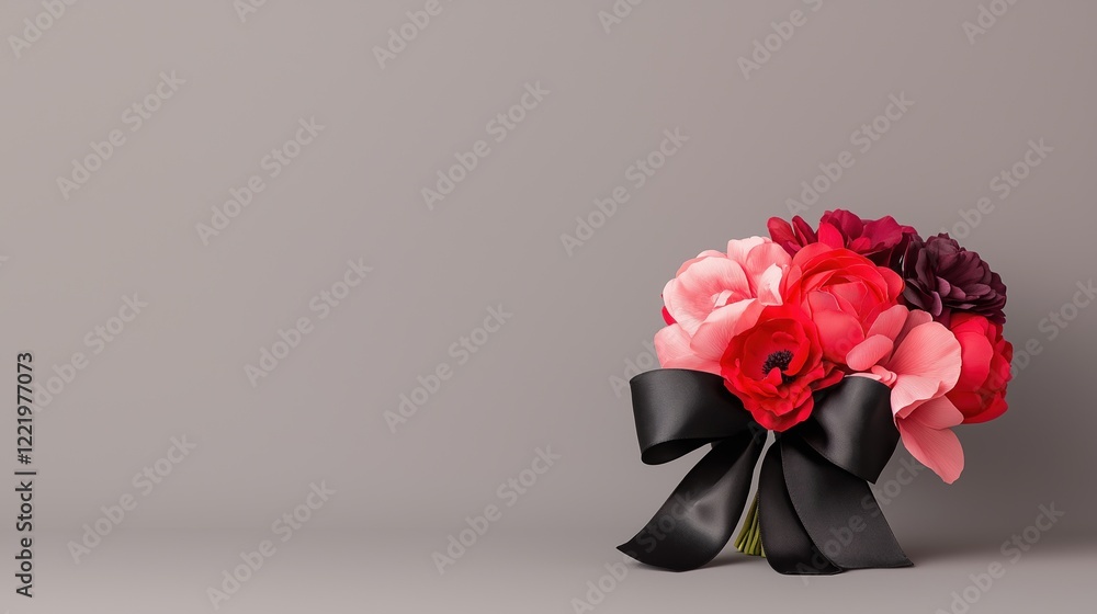 Fototapeta premium Elegant bouquet of pink and red flowers with black ribbon on soft gray background