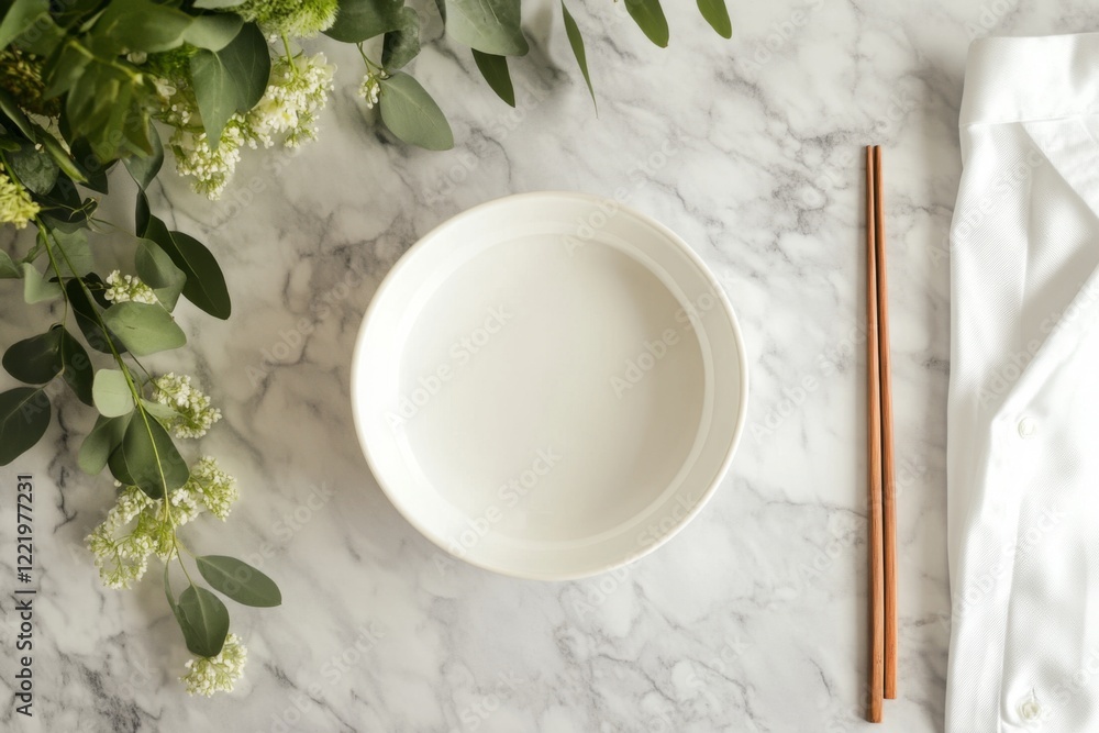 elegant white plate on marble table with chopsticks and flowers elegant white plate on marble table with chopsticks and flowers