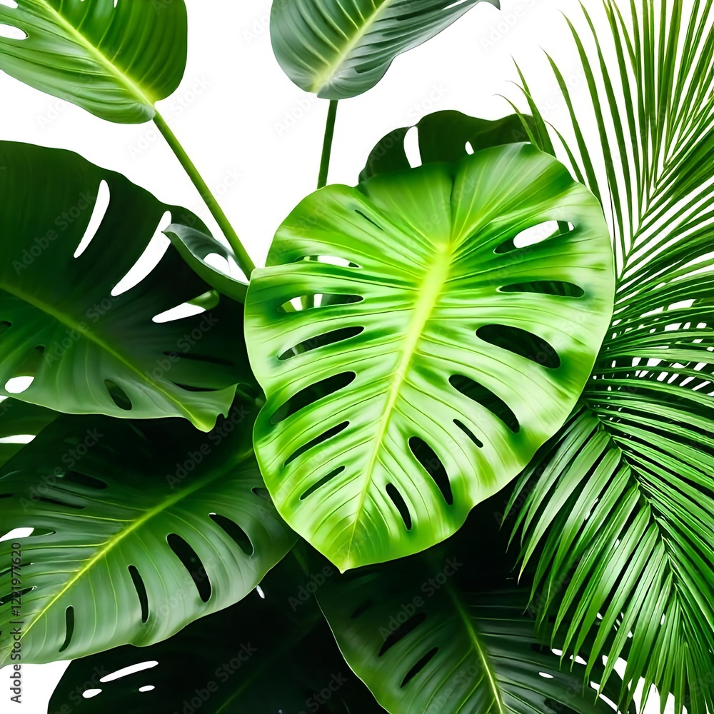 Obraz premium Large, vibrant green leaves including monstera and palm fronds arranged together against a white background. The leaves have detailed textures and varying shapes,a lush, tropical appearance