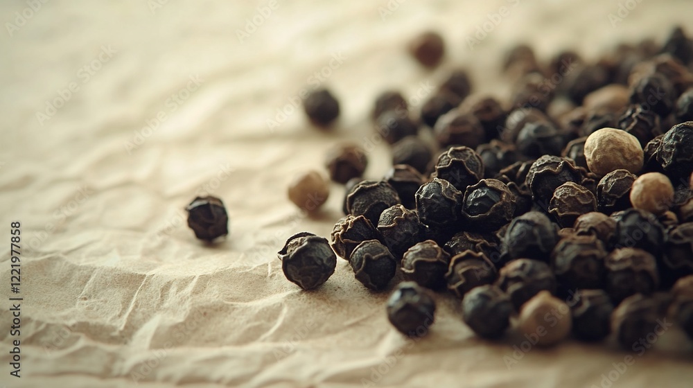 Close-up of black peppercorns scattered on a light brown crumpled paper surface Close-up of black peppercorns scattered on a light brown crumpled paper surface