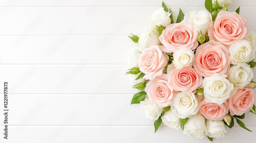 Elegant bouquet of pink and white roses on white wooden background Elegant bouquet of pink and white roses on white wooden background