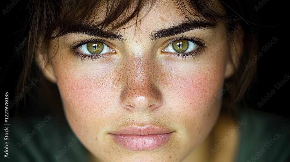Fototapeta premium Close-up portrait woman, intense gaze, freckles, natural beauty, skincare ad