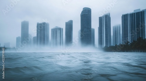 Cityscape in Foggy Conditions with water rising and a cloudy and hazy sky