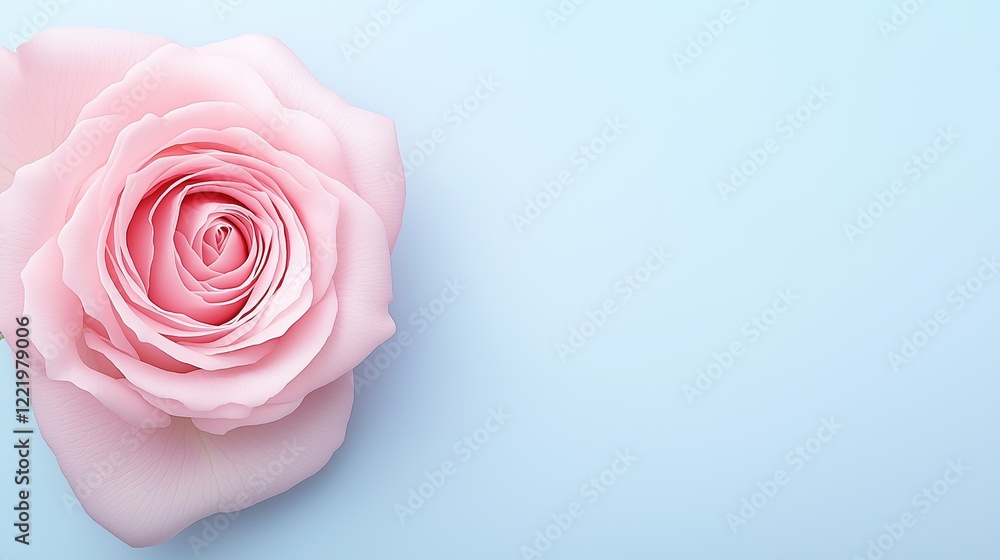 Elegant pink rose on soft blue background perfect for minimalistic and floral themes Elegant pink rose on soft blue background perfect for minimalistic and floral themes
